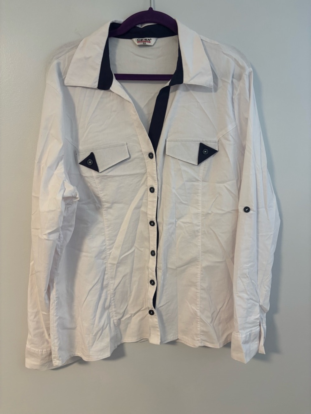 US-ZA White Button Down Long Sleeve Shirt Black Trim Size 54